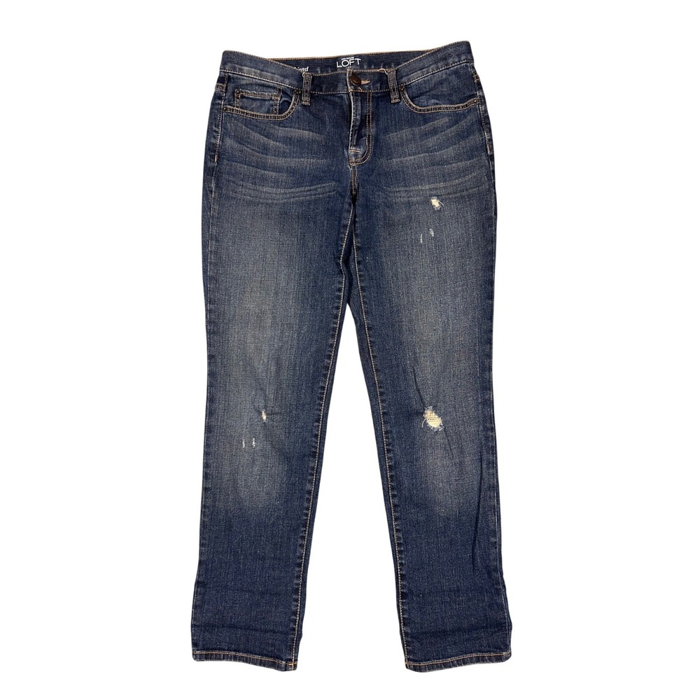 Ann Taylor LOFT Boyfriend Jeans Women 4 Dark Indigo Distressed Mid Rise Denim